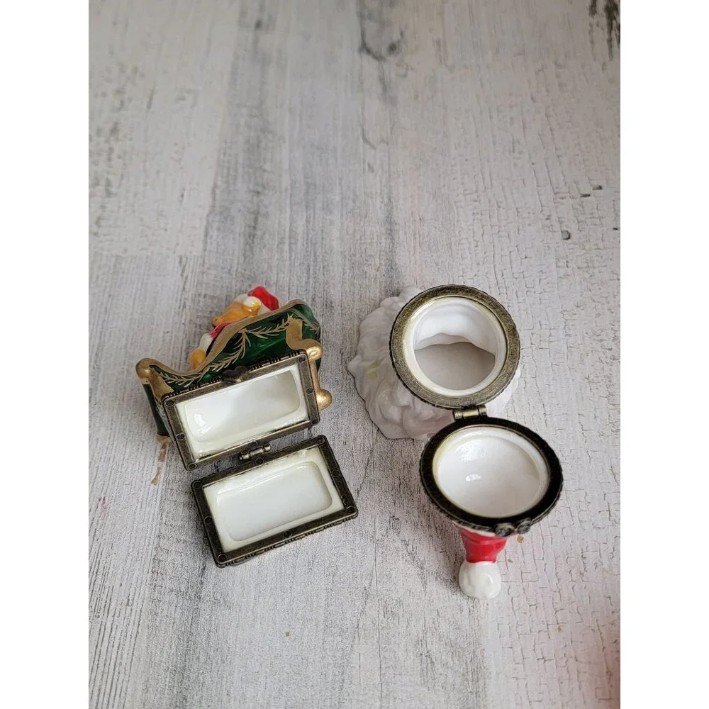 Vintage‎ mini trinket box santa claus face bear sled figure xmas